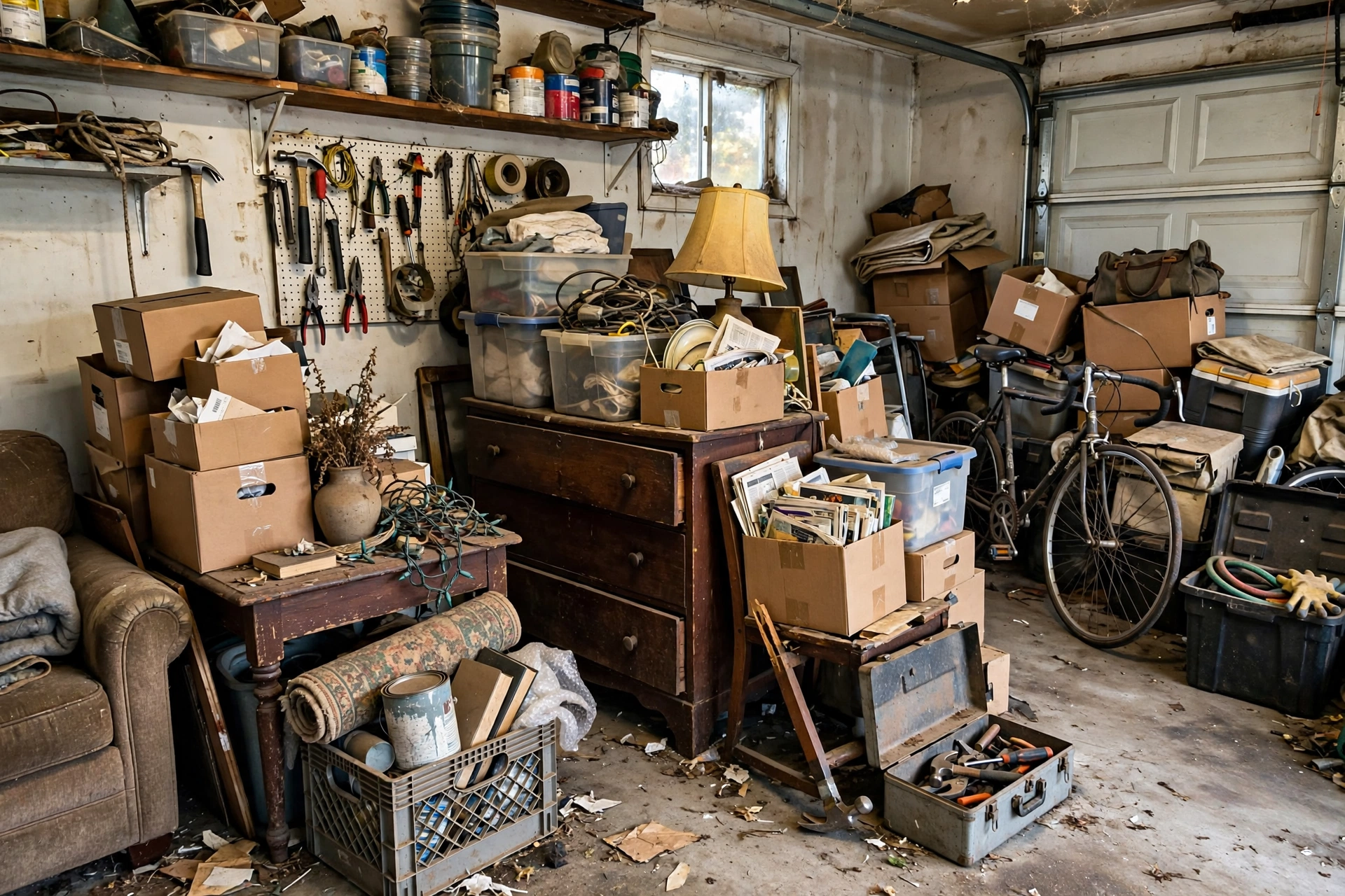 Old sofa, mattress, and household items staged in a garage awaiting junk removal pickup