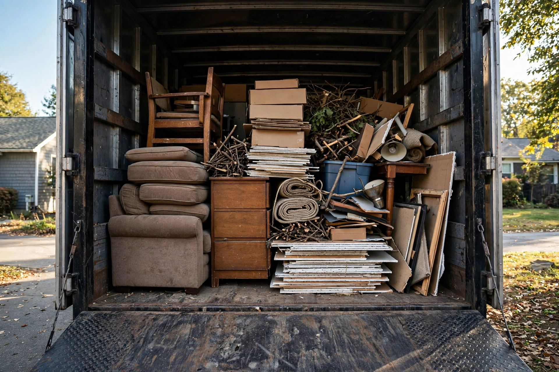 Close-up view of a junk removal truck bed showing volume-based truckload fractions