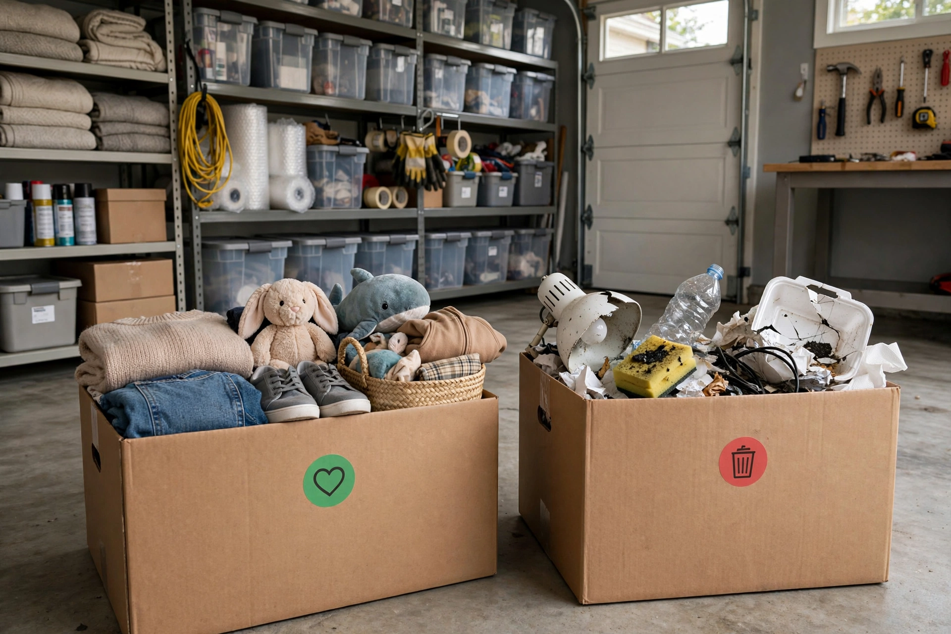 Donation boxes and sorted items separated from junk before a removal appointment