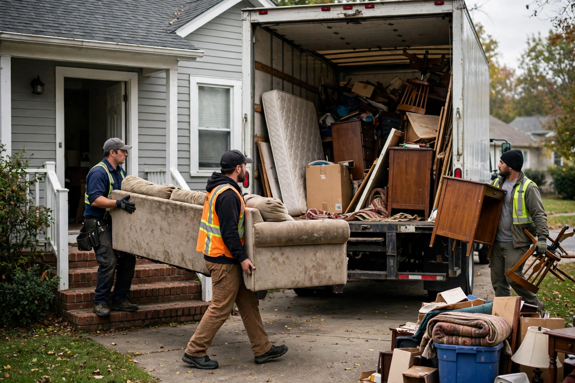 Roll-off dumpster sitting in a residential driveway being filled with household junk